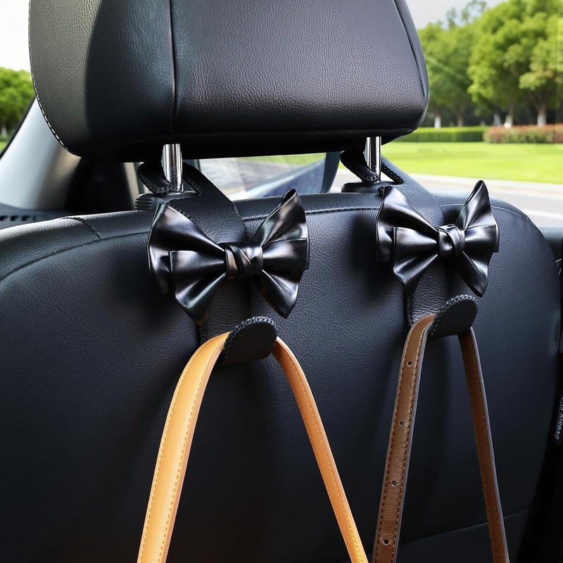 TISOHUGO Car Purse Hook, Cute Bow Hooks for Headrest - Leather U-Shaped Purse Holder for Car, Flexible Seat Back Organizer & Durable Vehicle Accessories for Bags, Coats & More (Black-2 Pack) - Image 3